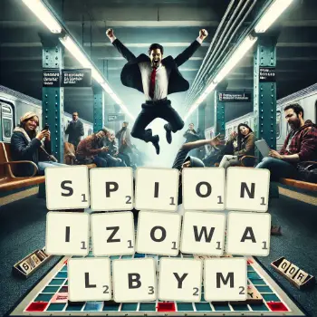 Kreatywna ilustracja do gry w Scrabble ze słowem SPIONIZOWALBYM ułożonym z płytek na planszy.