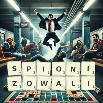 Kreatywna ilustracja do gry w Scrabble ze słowem SPIONIZOWALI ułożonym z płytek na planszy.
