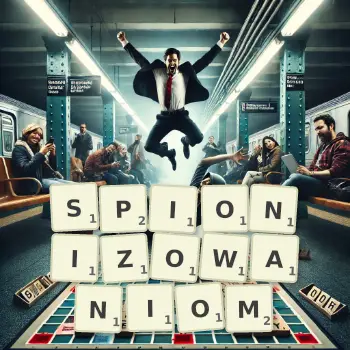 Kreatywna ilustracja do gry w Scrabble ze słowem SPIONIZOWANIOM ułożonym z płytek na planszy.