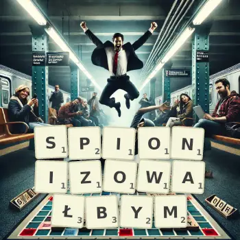 Kreatywna ilustracja do gry w Scrabble ze słowem SPIONIZOWAŁBYM ułożonym z płytek na planszy.