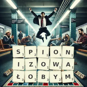Kreatywna ilustracja do gry w Scrabble ze słowem SPIONIZOWAŁOBYM ułożonym z płytek na planszy.