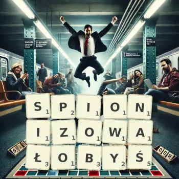 Kreatywna ilustracja do gry w Scrabble ze słowem SPIONIZOWAŁOBYŚ ułożonym z płytek na planszy.