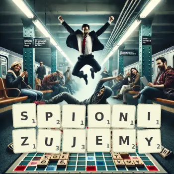 Kreatywna ilustracja do gry w Scrabble ze słowem SPIONIZUJEMY ułożonym z płytek na planszy.