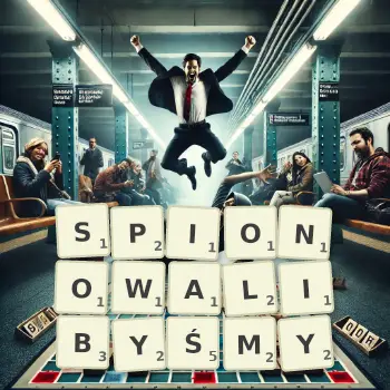 Kreatywna ilustracja do gry w Scrabble ze słowem SPIONOWALIBYŚMY ułożonym z płytek na planszy.