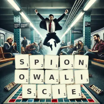 Kreatywna ilustracja do gry w Scrabble ze słowem SPIONOWALISCIE ułożonym z płytek na planszy.