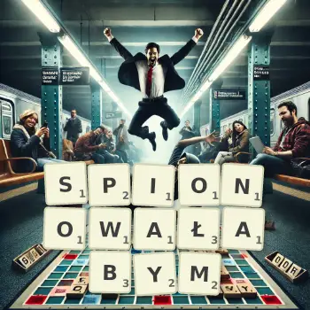 Kreatywna ilustracja do gry w Scrabble ze słowem SPIONOWAŁABYM ułożonym z płytek na planszy.