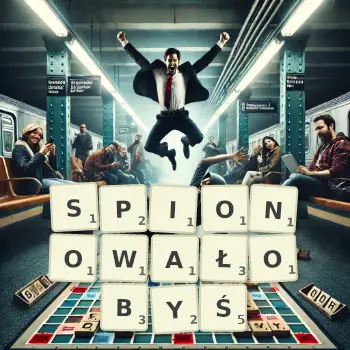 Kreatywna ilustracja do gry w Scrabble ze słowem SPIONOWAŁOBYŚ ułożonym z płytek na planszy.