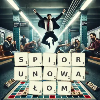 Kreatywna ilustracja do gry w Scrabble ze słowem SPIORUNOWAŁOM ułożonym z płytek na planszy.