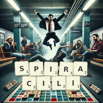 Kreatywna ilustracja do gry w Scrabble ze słowem SPIRACILI ułożonym z płytek na planszy.