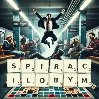 Kreatywna ilustracja do gry w Scrabble ze słowem SPIRACILOBYM ułożonym z płytek na planszy.