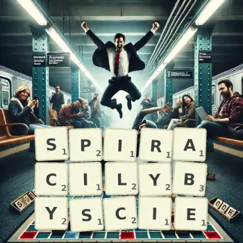 Kreatywna ilustracja do gry w Scrabble ze słowem SPIRACILYBYSCIE ułożonym z płytek na planszy.