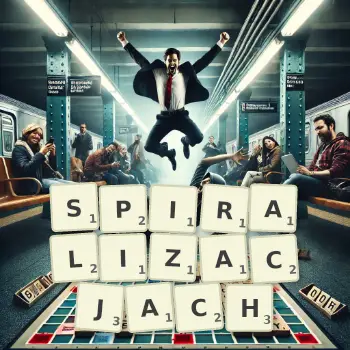 Kreatywna ilustracja do gry w Scrabble ze słowem SPIRALIZACJACH ułożonym z płytek na planszy.