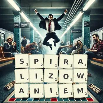 Kreatywna ilustracja do gry w Scrabble ze słowem SPIRALIZOWANIEM ułożonym z płytek na planszy.