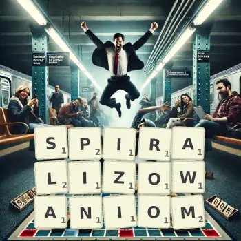 Kreatywna ilustracja do gry w Scrabble ze słowem SPIRALIZOWANIOM ułożonym z płytek na planszy.