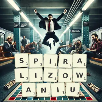 Kreatywna ilustracja do gry w Scrabble ze słowem SPIRALIZOWANIU ułożonym z płytek na planszy.