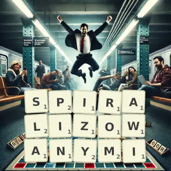 Kreatywna ilustracja do gry w Scrabble ze słowem SPIRALIZOWANYMI ułożonym z płytek na planszy.
