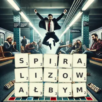 Kreatywna ilustracja do gry w Scrabble ze słowem SPIRALIZOWAŁBYM ułożonym z płytek na planszy.