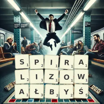 Kreatywna ilustracja do gry w Scrabble ze słowem SPIRALIZOWAŁBYŚ ułożonym z płytek na planszy.
