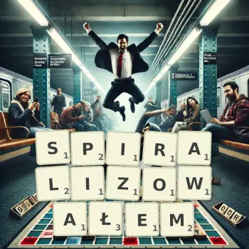 Kreatywna ilustracja do gry w Scrabble ze słowem SPIRALIZOWAŁEM ułożonym z płytek na planszy.