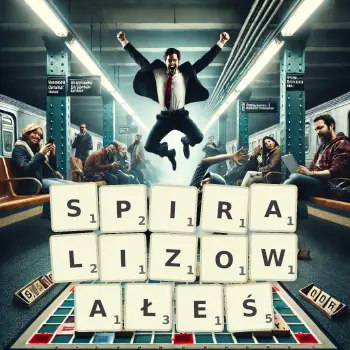 Kreatywna ilustracja do gry w Scrabble ze słowem SPIRALIZOWAŁEŚ ułożonym z płytek na planszy.