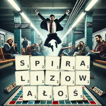 Kreatywna ilustracja do gry w Scrabble ze słowem SPIRALIZOWAŁOŚ ułożonym z płytek na planszy.