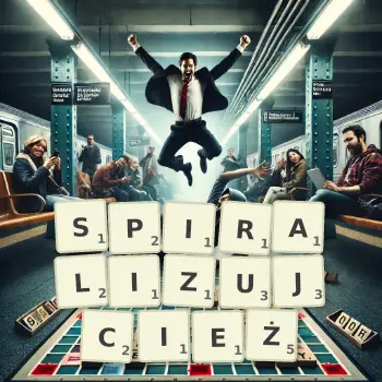 Kreatywna ilustracja do gry w Scrabble ze słowem SPIRALIZUJCIEŻ ułożonym z płytek na planszy.