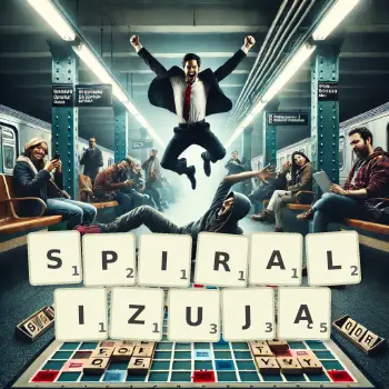 Kreatywna ilustracja do gry w Scrabble ze słowem SPIRALIZUJĄ ułożonym z płytek na planszy.