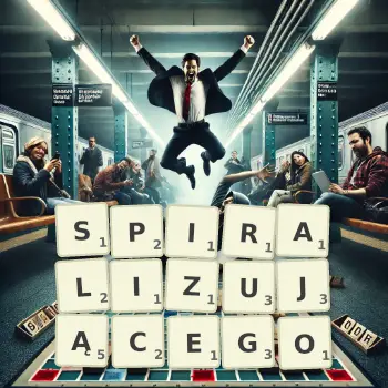 Kreatywna ilustracja do gry w Scrabble ze słowem SPIRALIZUJĄCEGO ułożonym z płytek na planszy.