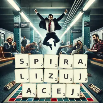 Kreatywna ilustracja do gry w Scrabble ze słowem SPIRALIZUJĄCEJ ułożonym z płytek na planszy.