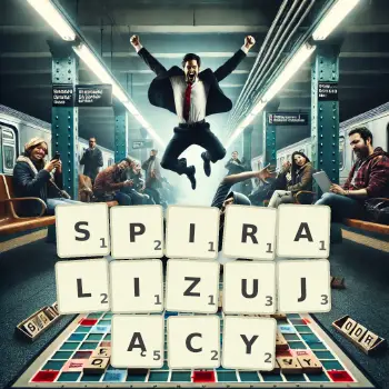 Kreatywna ilustracja do gry w Scrabble ze słowem SPIRALIZUJĄCY ułożonym z płytek na planszy.