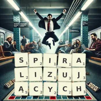 Kreatywna ilustracja do gry w Scrabble ze słowem SPIRALIZUJĄCYCH ułożonym z płytek na planszy.
