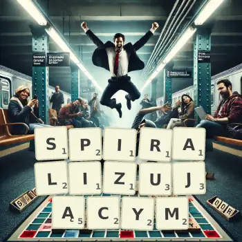 Kreatywna ilustracja do gry w Scrabble ze słowem SPIRALIZUJĄCYM ułożonym z płytek na planszy.