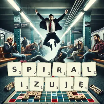 Kreatywna ilustracja do gry w Scrabble ze słowem SPIRALIZUJĘ ułożonym z płytek na planszy.