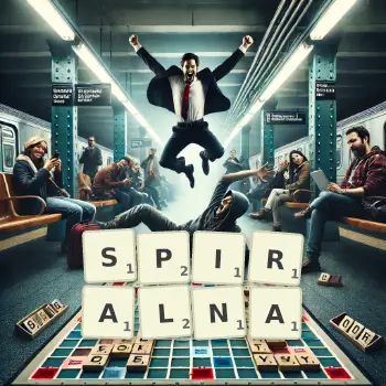 Kreatywna ilustracja do gry w Scrabble ze słowem SPIRALNA ułożonym z płytek na planszy.