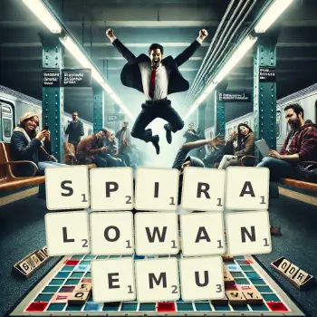 Kreatywna ilustracja do gry w Scrabble ze słowem SPIRALOWANEMU ułożonym z płytek na planszy.