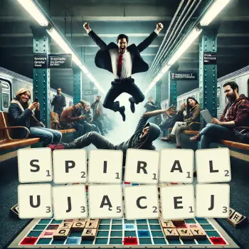 Kreatywna ilustracja do gry w Scrabble ze słowem SPIRALUJĄCEJ ułożonym z płytek na planszy.