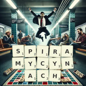 Kreatywna ilustracja do gry w Scrabble ze słowem SPIRAMYCYNACH ułożonym z płytek na planszy.