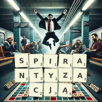 Kreatywna ilustracja do gry w Scrabble ze słowem SPIRANTYZACJĄ ułożonym z płytek na planszy.