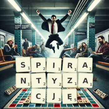 Kreatywna ilustracja do gry w Scrabble ze słowem SPIRANTYZACJĘ ułożonym z płytek na planszy.