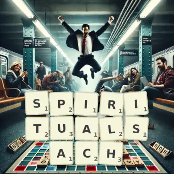 Kreatywna ilustracja do gry w Scrabble ze słowem SPIRITUALSACH ułożonym z płytek na planszy.
