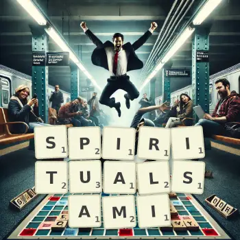 Kreatywna ilustracja do gry w Scrabble ze słowem SPIRITUALSAMI ułożonym z płytek na planszy.
