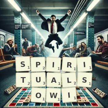 Kreatywna ilustracja do gry w Scrabble ze słowem SPIRITUALSOWI ułożonym z płytek na planszy.