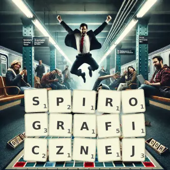 Kreatywna ilustracja do gry w Scrabble ze słowem SPIROGRAFICZNEJ ułożonym z płytek na planszy.