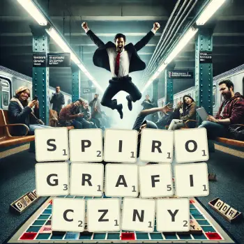 Kreatywna ilustracja do gry w Scrabble ze słowem SPIROGRAFICZNY ułożonym z płytek na planszy.