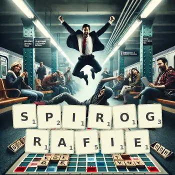 Kreatywna ilustracja do gry w Scrabble ze słowem SPIROGRAFIE ułożonym z płytek na planszy.