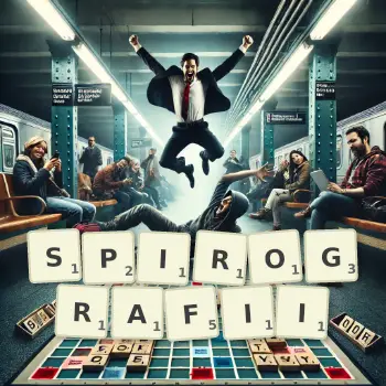 Kreatywna ilustracja do gry w Scrabble ze słowem SPIROGRAFII ułożonym z płytek na planszy.