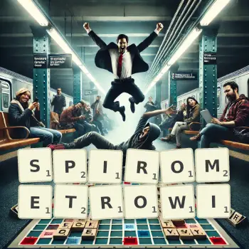 Kreatywna ilustracja do gry w Scrabble ze słowem SPIROMETROWI ułożonym z płytek na planszy.