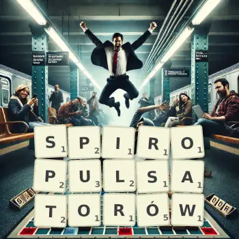 Kreatywna ilustracja do gry w Scrabble ze słowem SPIROPULSATORÓW ułożonym z płytek na planszy.