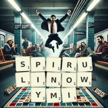 Kreatywna ilustracja do gry w Scrabble ze słowem SPIRULINOWYMI ułożonym z płytek na planszy.