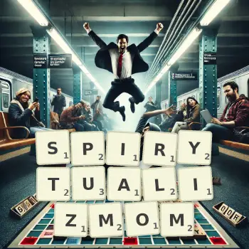 Kreatywna ilustracja do gry w Scrabble ze słowem SPIRYTUALIZMOM ułożonym z płytek na planszy.